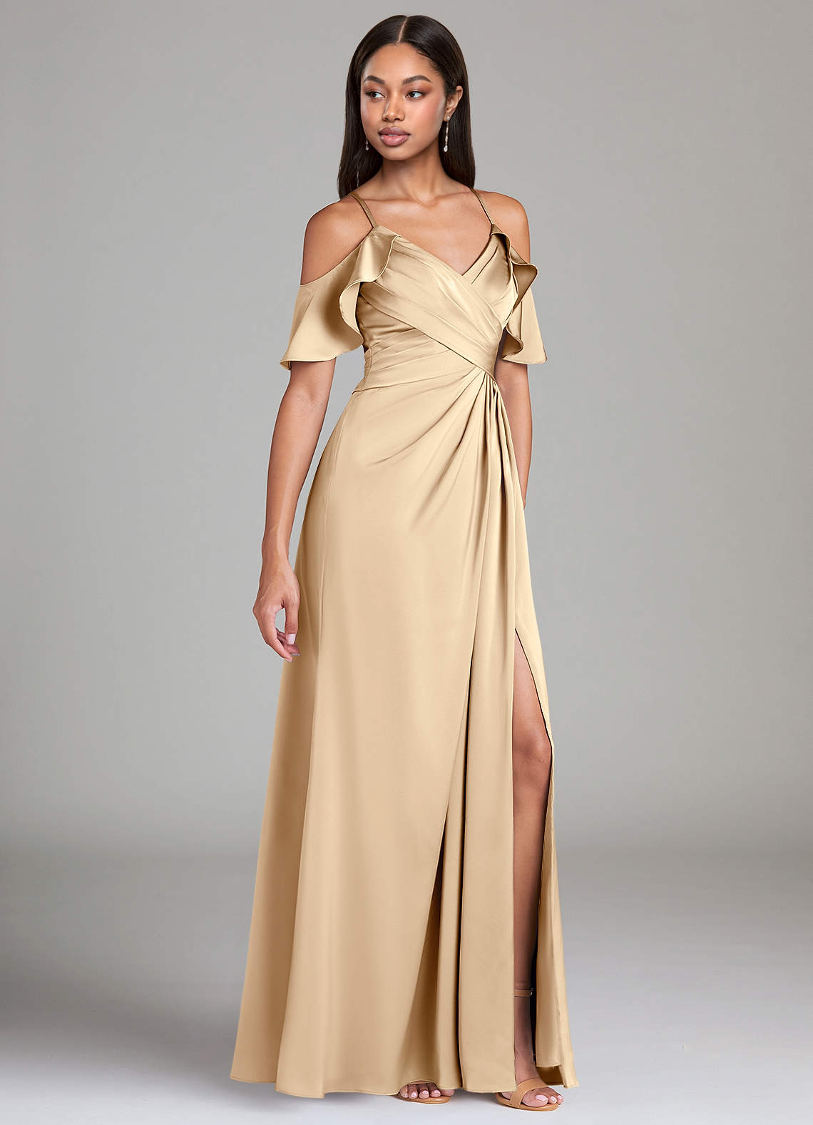 Dakota A-Line V-Neck Stretch Satin Bridesmaid Dress in Champagne
