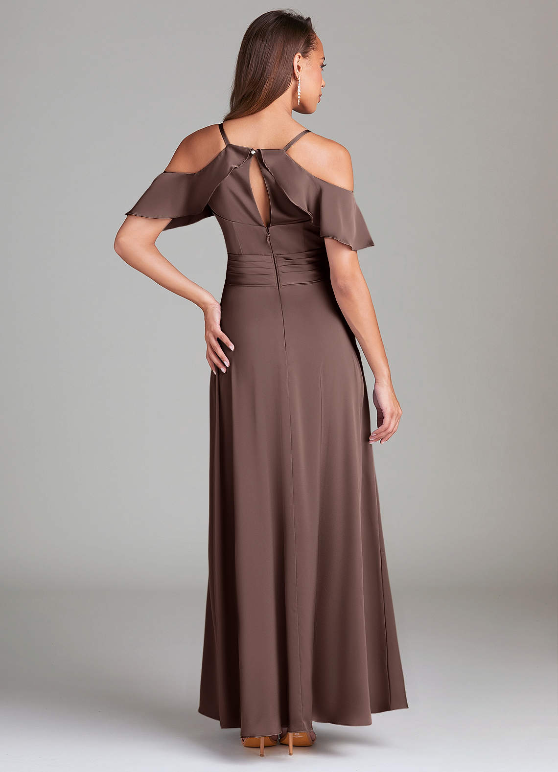 Dakota A-Line V-Neck Stretch Satin Bridesmaid Dress in Ganache