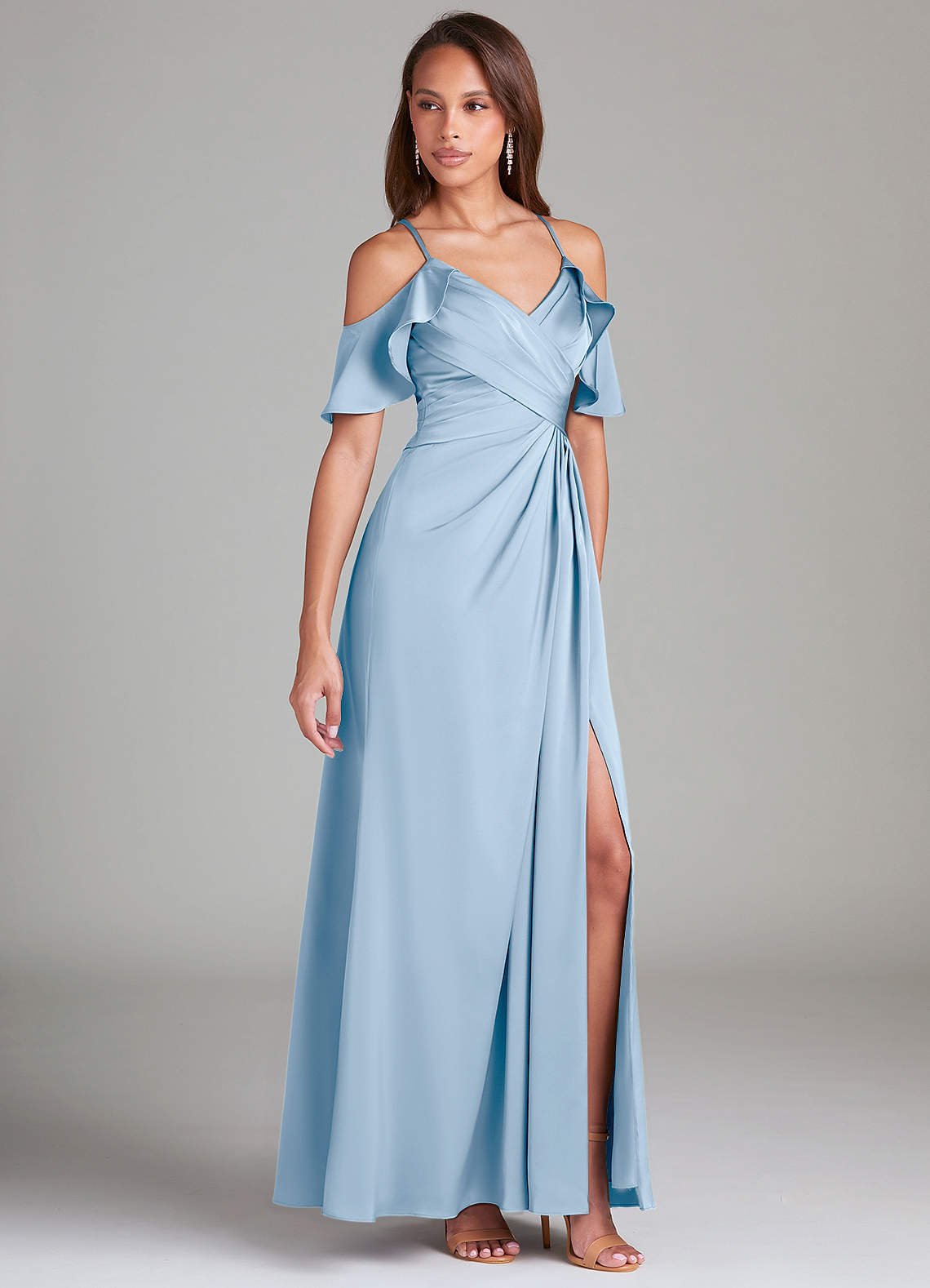 Dakota A-Line V-Neck Stretch Satin Bridesmaid Dress in Powder Blue