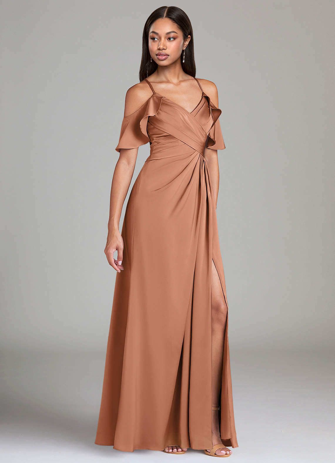 Dakota A-Line V-Neck Stretch Satin Bridesmaid Dress in Bronzer