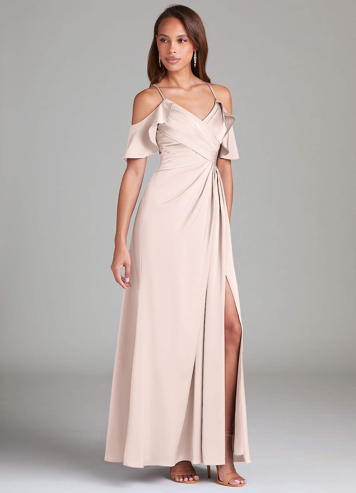 Dakota A-Line V-Neck Stretch Satin Bridesmaid Dress in Blushing Pink