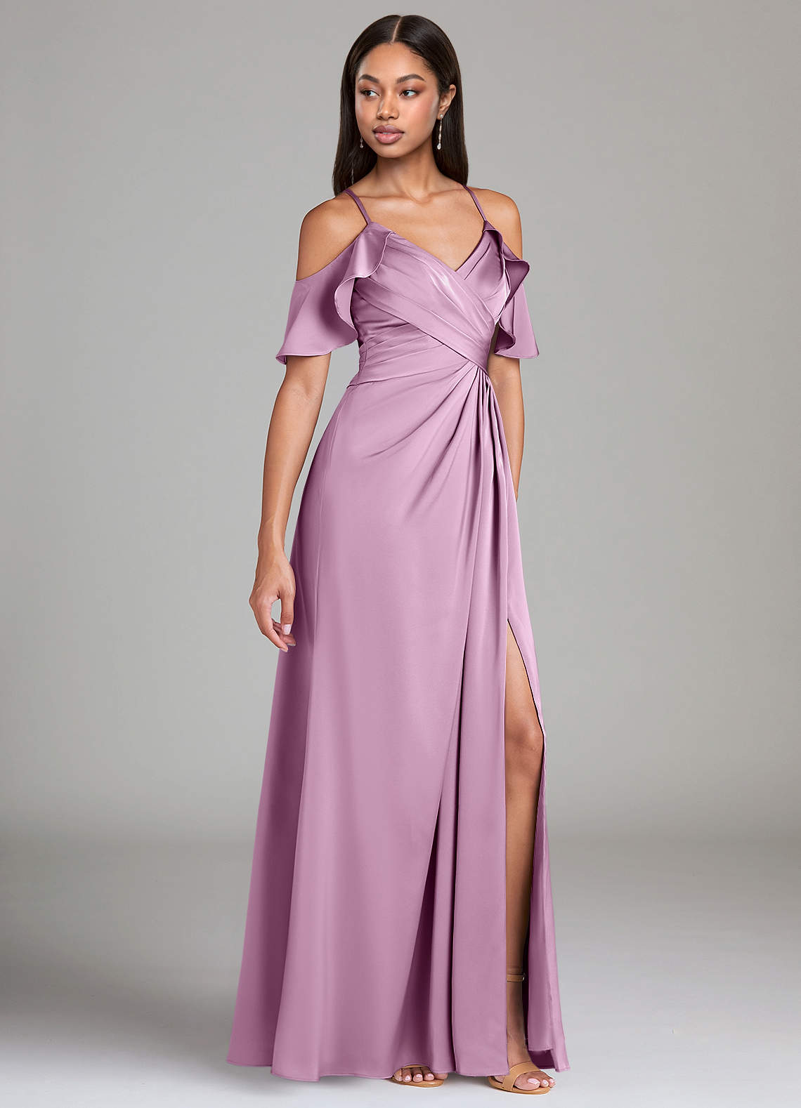 Dakota A-Line V-Neck Stretch Satin Bridesmaid Dress in Wisteria