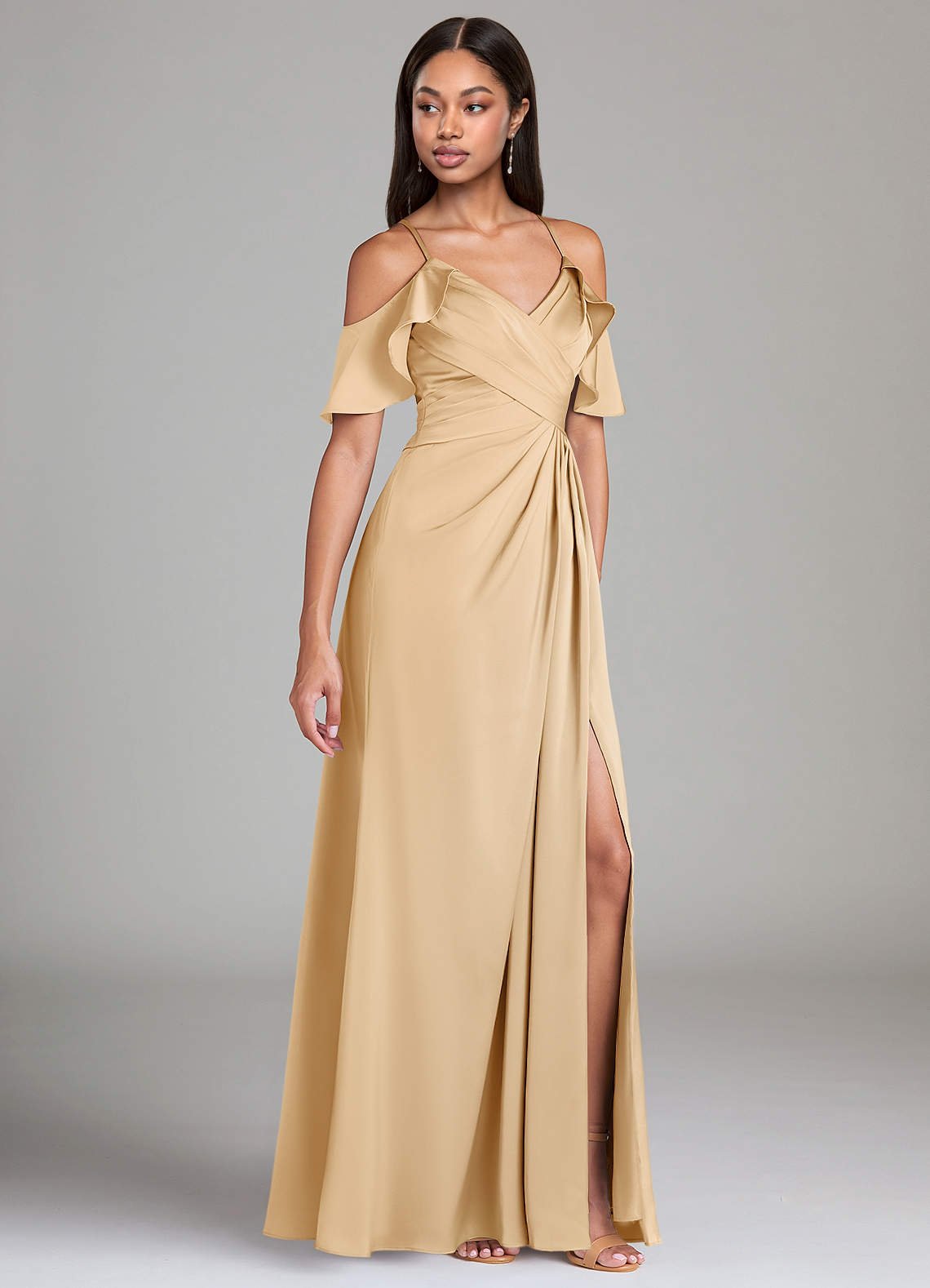 Dakota A-Line V-Neck Stretch Satin Bridesmaid Dress in Gold