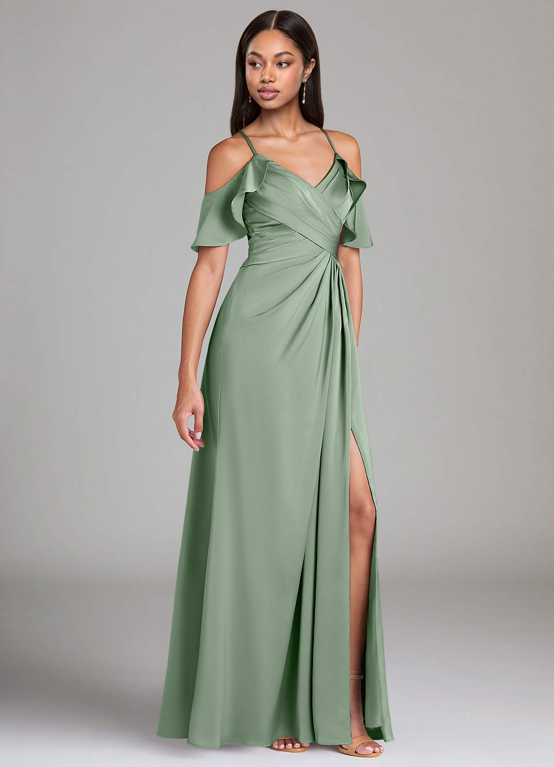 Dakota A-Line V-Neck Stretch Satin Bridesmaid Dress in Matcha