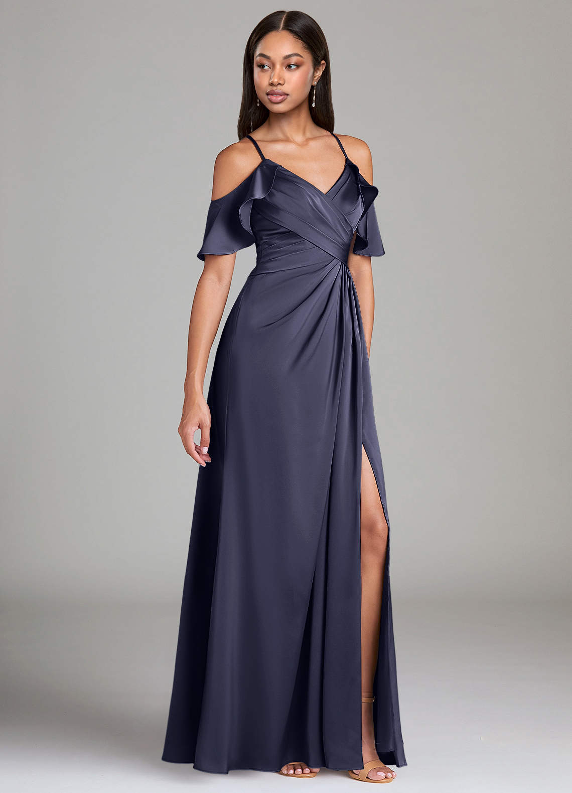 Dakota A-Line V-Neck Stretch Satin Bridesmaid Dress in Stormy