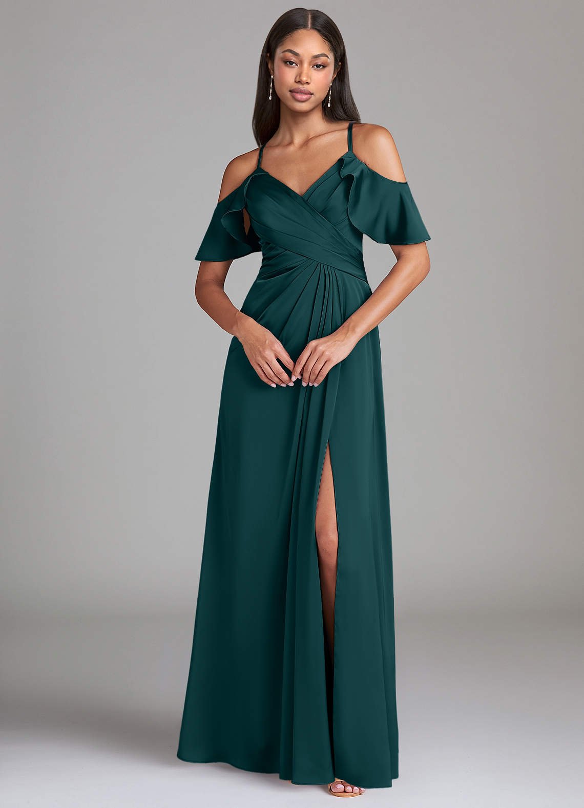 Dakota A-Line V-Neck Stretch Satin Bridesmaid Dress in Pine