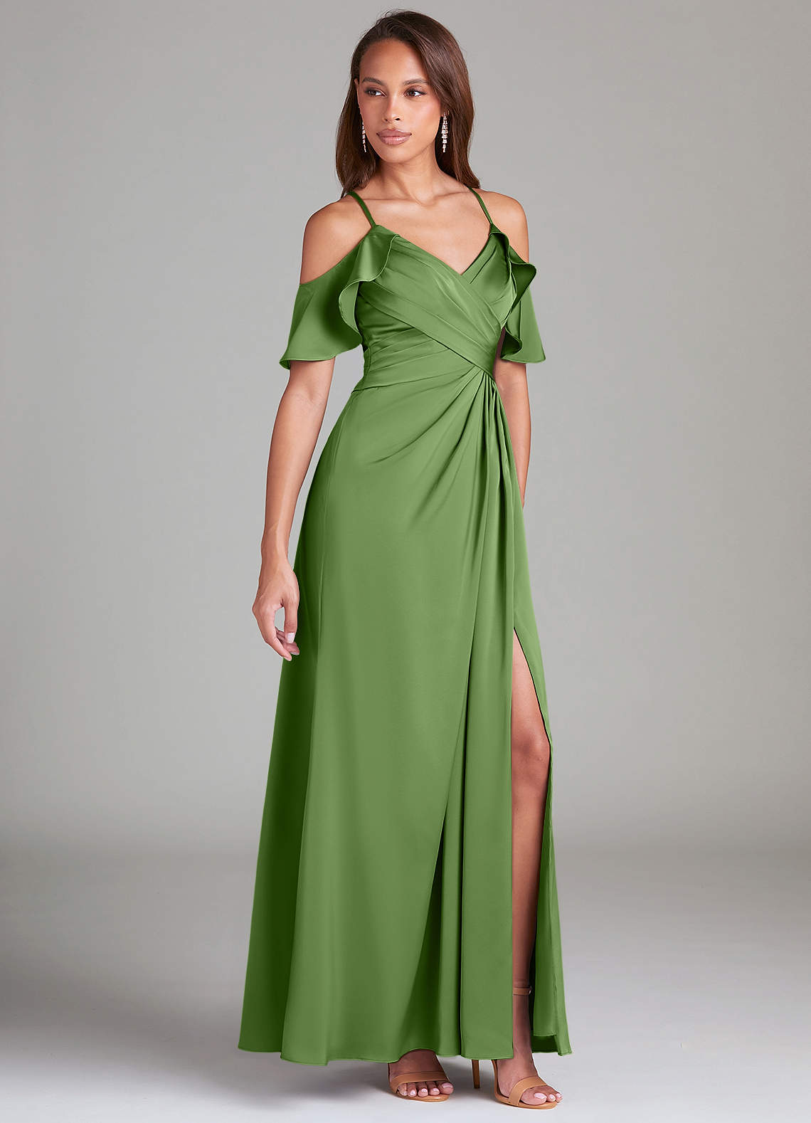 Dakota A-Line V-Neck Stretch Satin Bridesmaid Dress in Basil