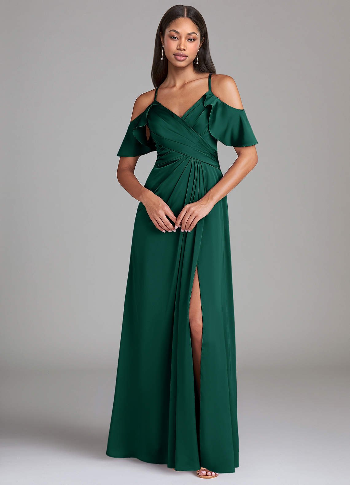 Dakota A-Line V-Neck Stretch Satin Bridesmaid Dress in Emerald