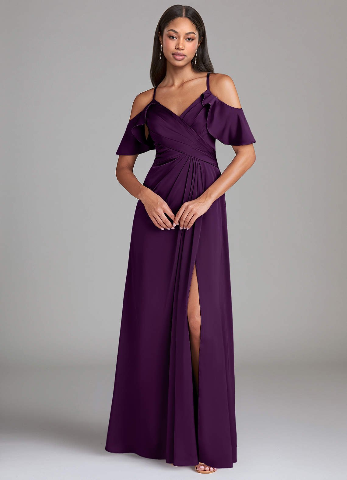 Dakota A-Line V-Neck Stretch Satin Bridesmaid Dress in Grape