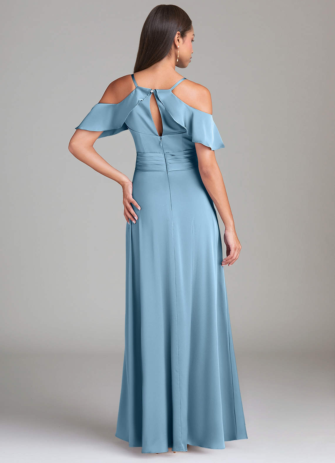 Dakota A-Line V-Neck Stretch Satin Bridesmaid Dress in Steel Blue
