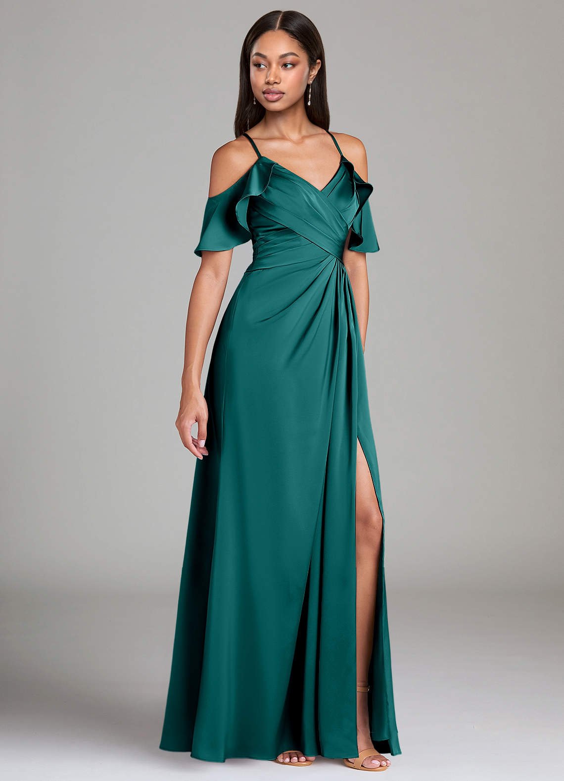 Dakota A-Line V-Neck Stretch Satin Bridesmaid Dress in Peacock