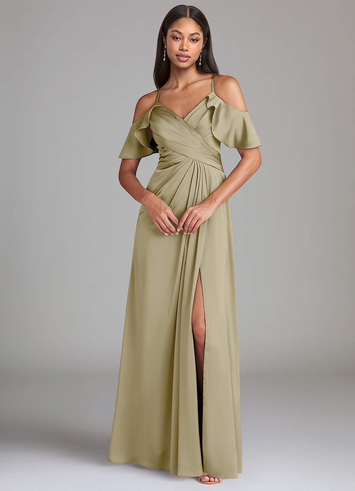 Dakota A-Line V-Neck Stretch Satin Bridesmaid Dress in Moss Green