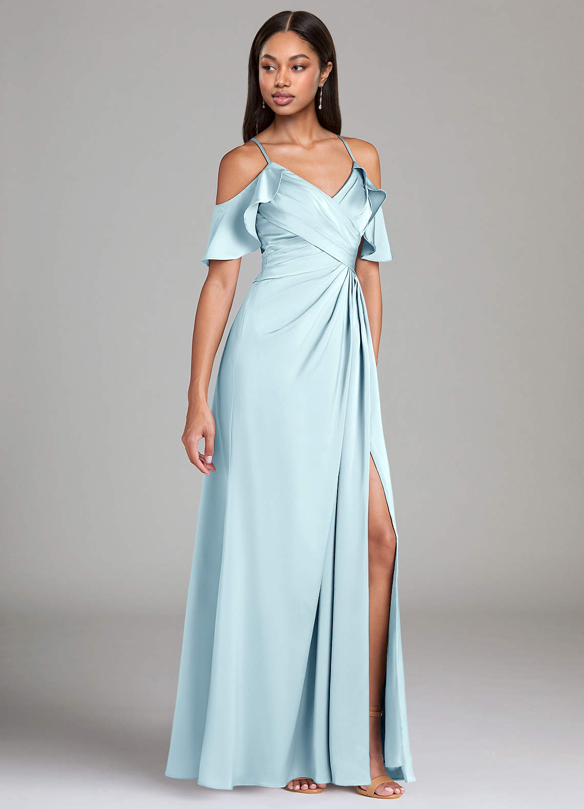 Dakota A-Line V-Neck Stretch Satin Bridesmaid Dress in Cloud Blue