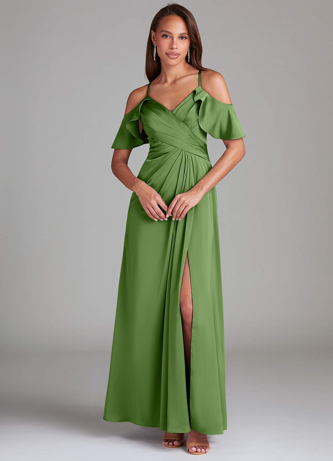 Dakota A-Line V-Neck Stretch Satin Bridesmaid Dress in Basil