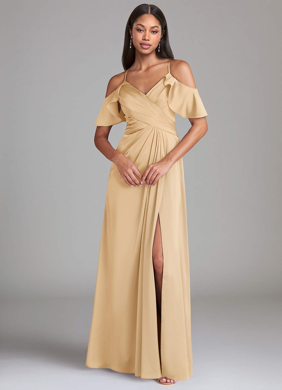 Dakota A-Line V-Neck Stretch Satin Bridesmaid Dress in Gold
