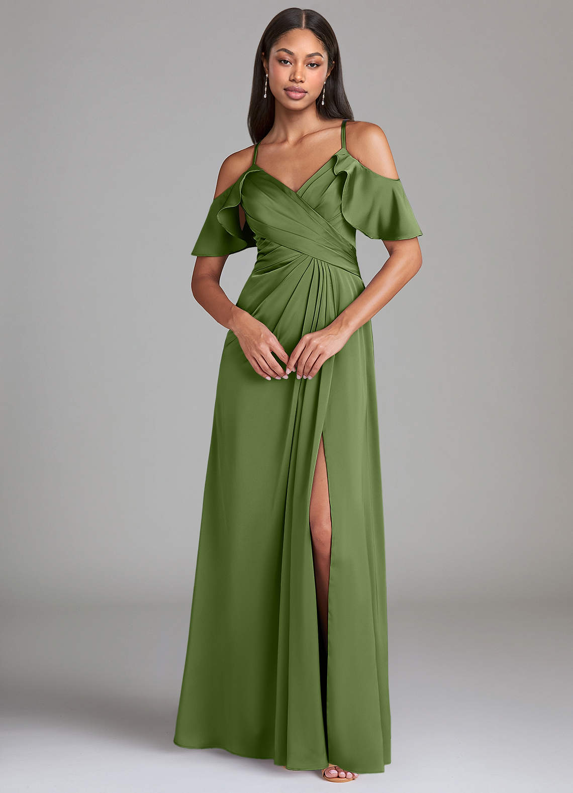 Dakota A-Line V-Neck Stretch Satin Bridesmaid Dress in Juniper