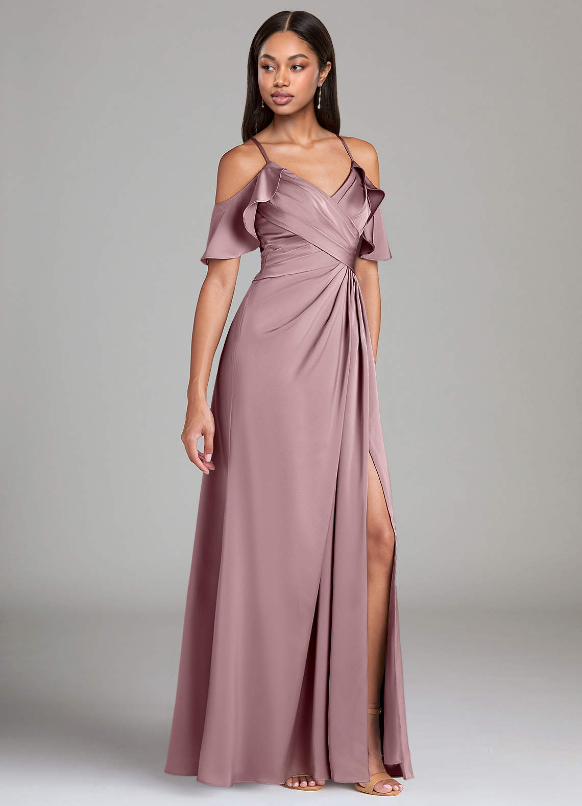 Dakota A-Line V-Neck Stretch Satin Bridesmaid Dress in dusty rose