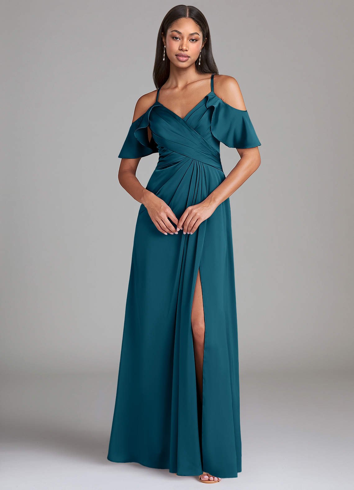 Dakota A-Line V-Neck Stretch Satin Bridesmaid Dress in Ink Blue