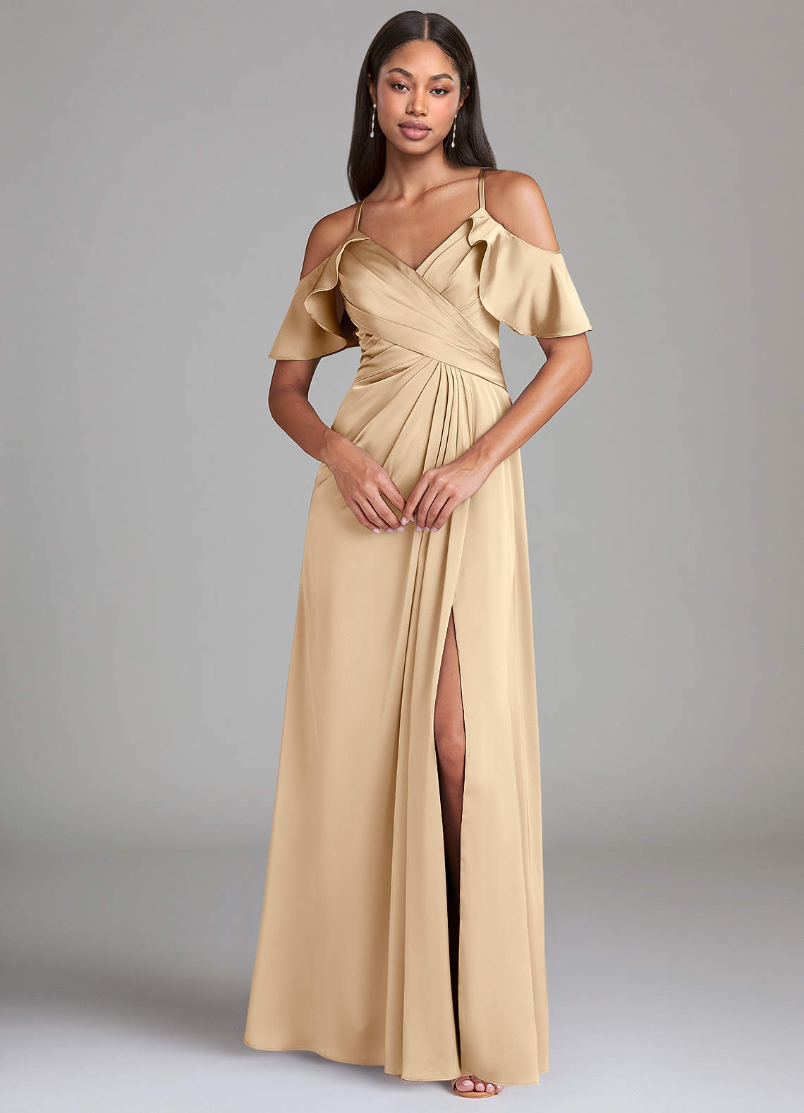 Dakota A-Line V-Neck Stretch Satin Bridesmaid Dress in Champagne