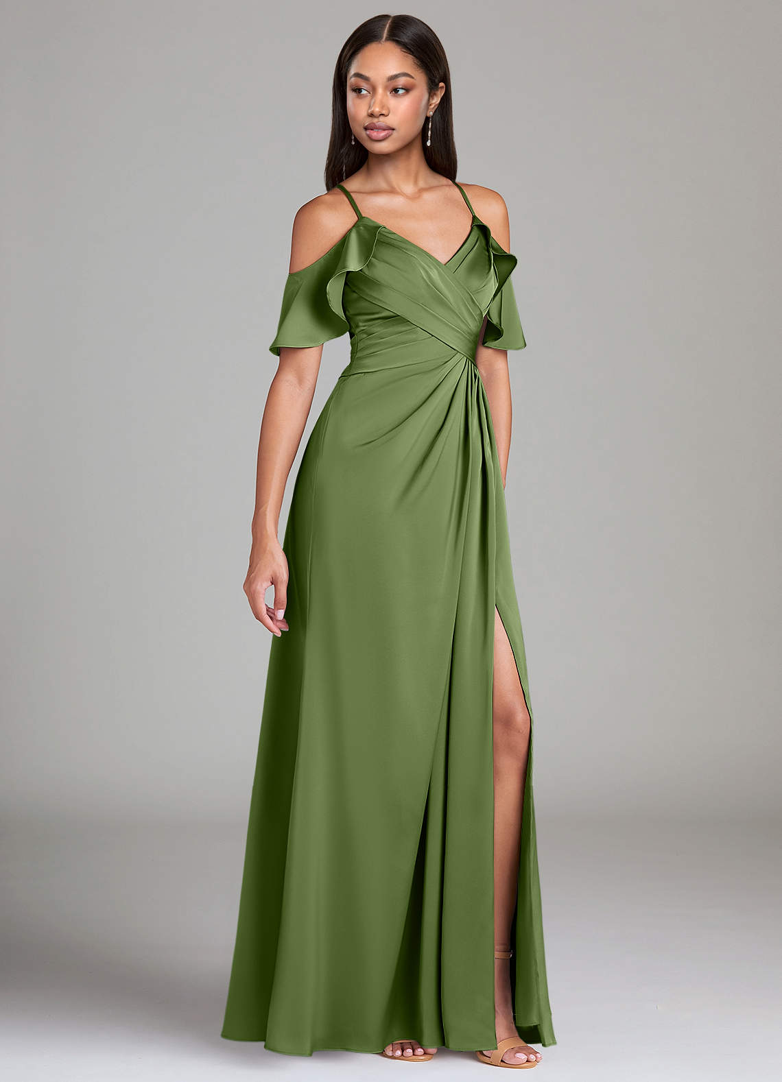 Dakota A-Line V-Neck Stretch Satin Bridesmaid Dress in Juniper
