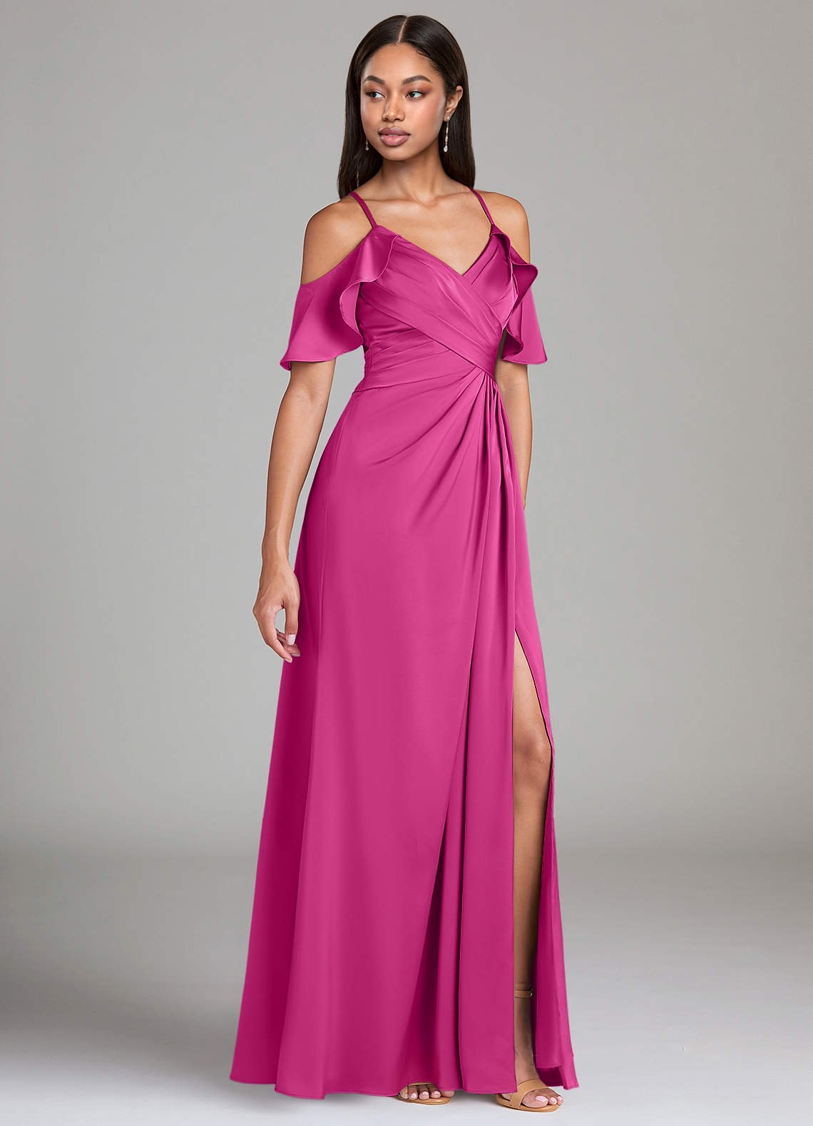 Dakota A-Line V-Neck Stretch Satin Bridesmaid Dress in Fuchsia
