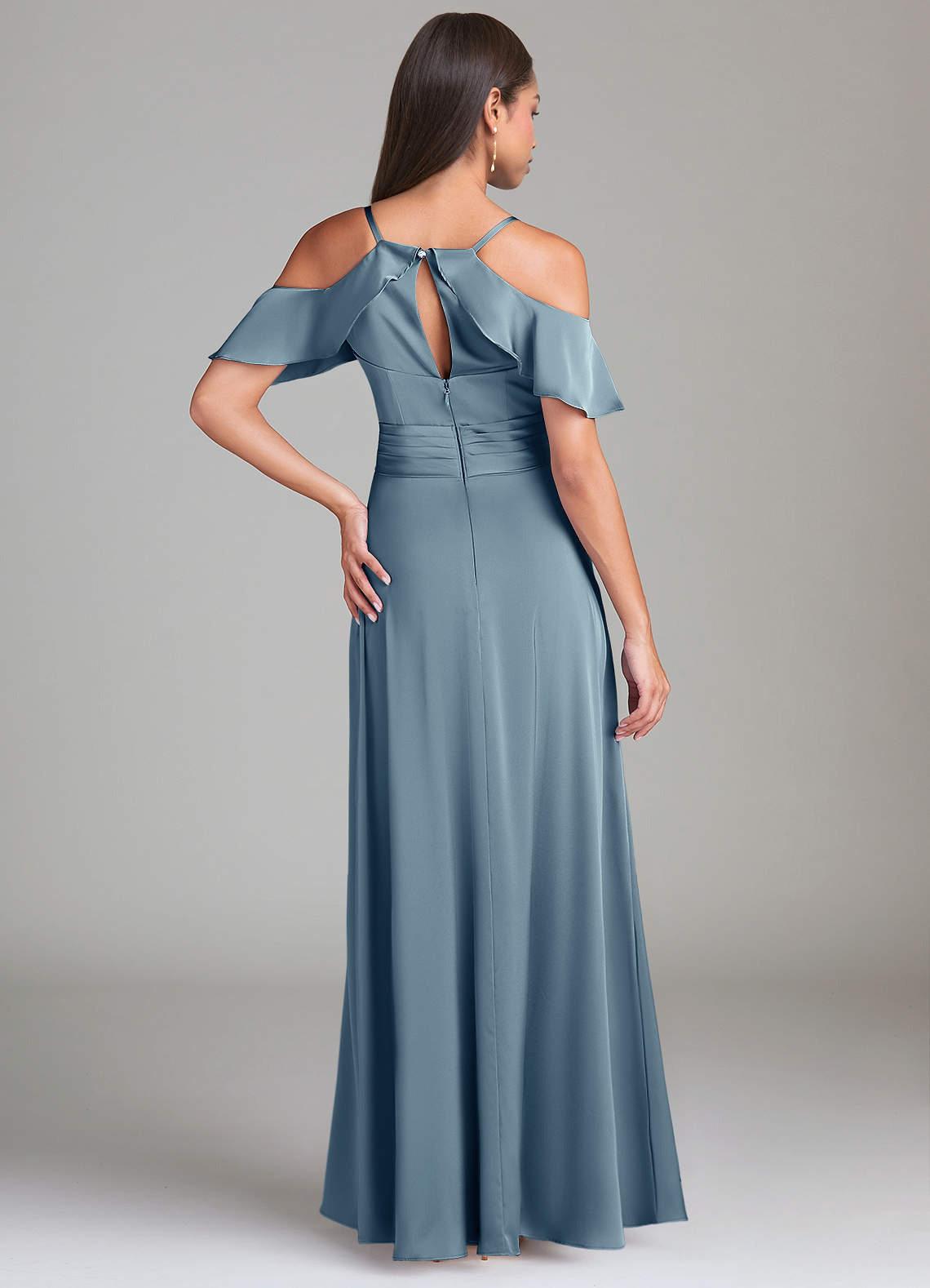 Dakota A-Line V-Neck Stretch Satin Bridesmaid Dress in dusty blue