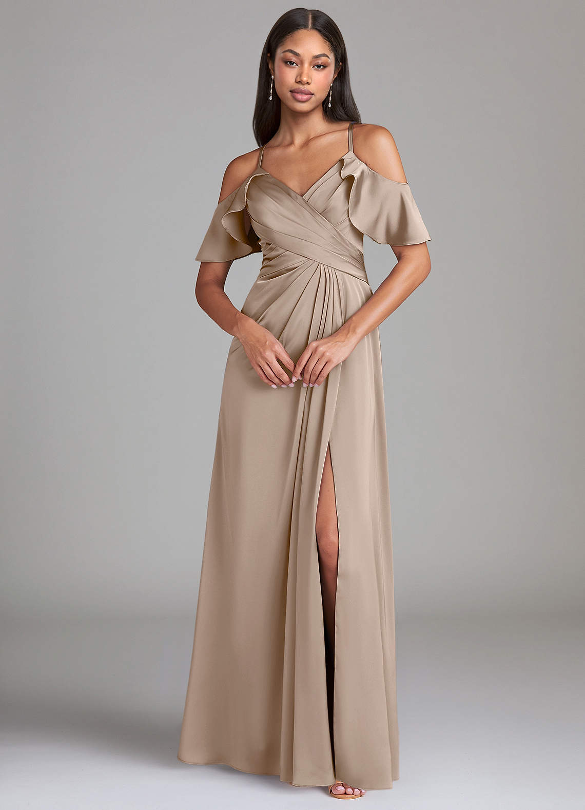 Dakota A-Line V-Neck Stretch Satin Bridesmaid Dress in Taupe
