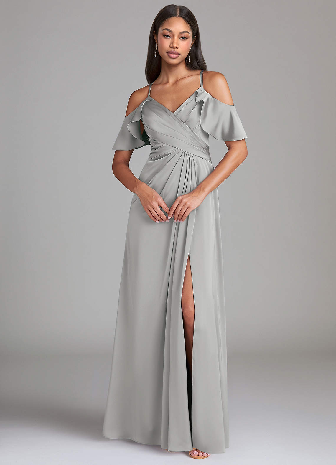 Dakota A-Line V-Neck Stretch Satin Bridesmaid Dress in Silver