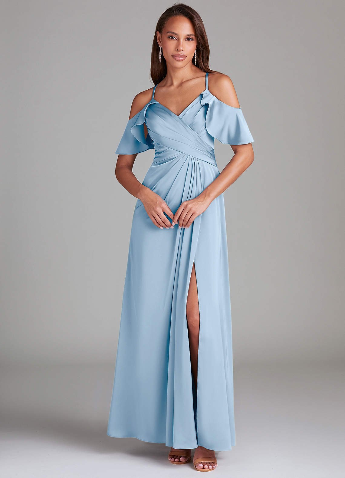 Dakota A-Line V-Neck Stretch Satin Bridesmaid Dress in Powder Blue