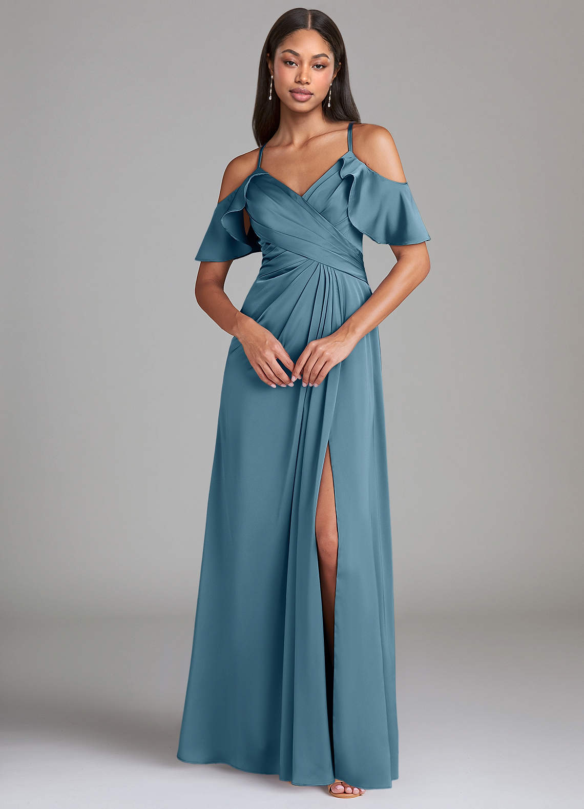 Dakota A-Line V-Neck Stretch Satin Bridesmaid Dress in Bermuda