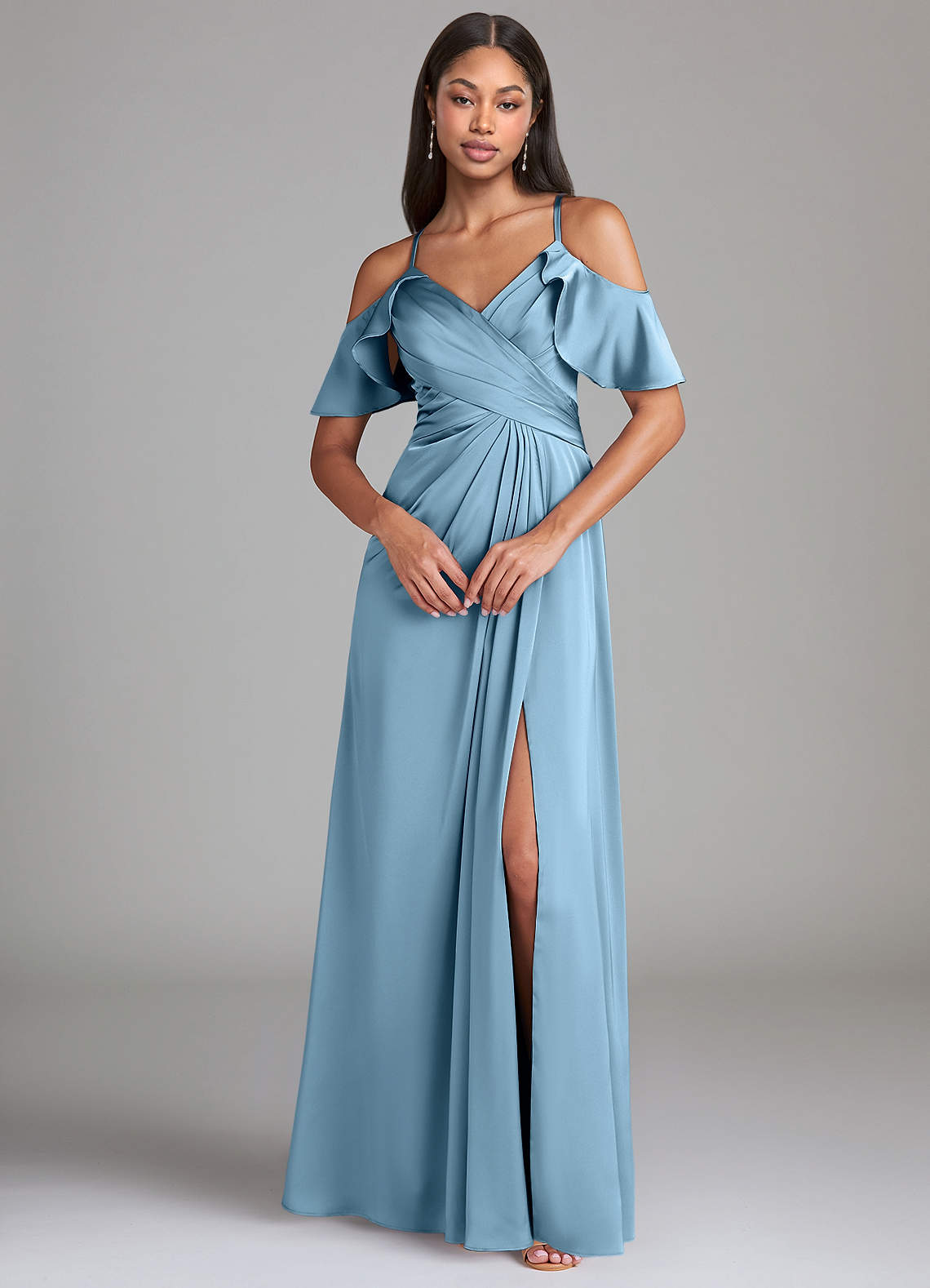 Dakota A-Line V-Neck Stretch Satin Bridesmaid Dress in Steel Blue