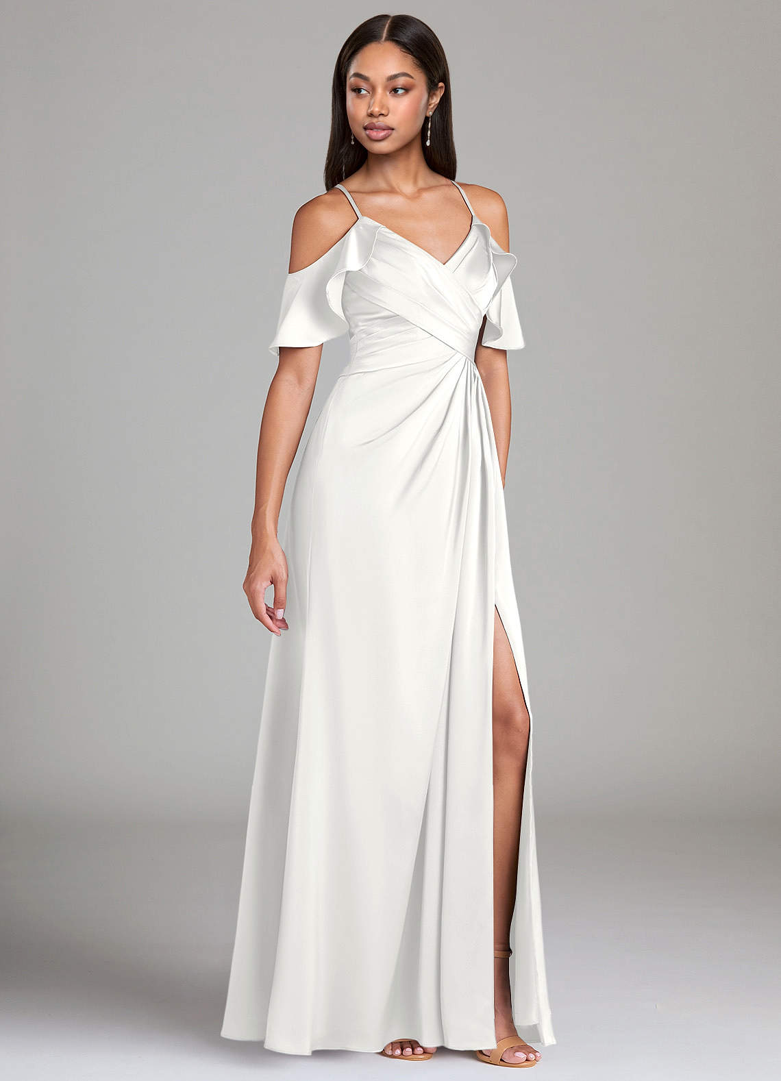 Dakota A-Line V-Neck Stretch Satin Bridesmaid Dress in white