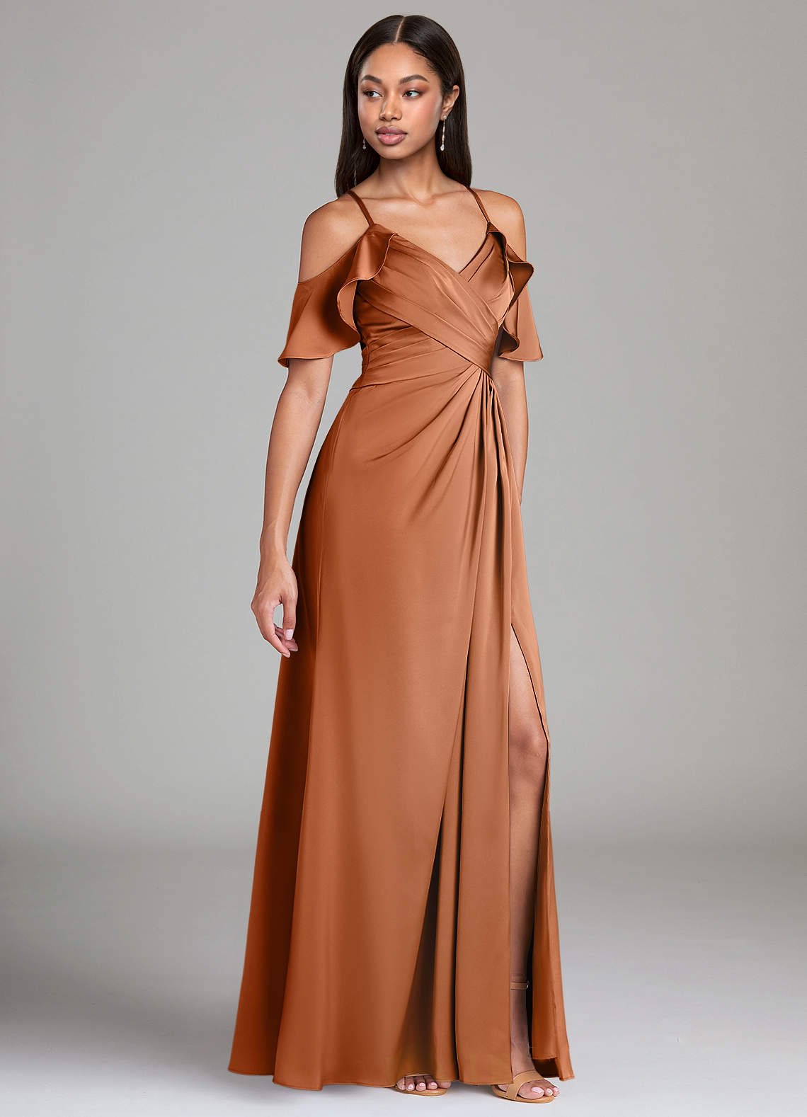 Dakota A-Line V-Neck Stretch Satin Bridesmaid Dress in Copper