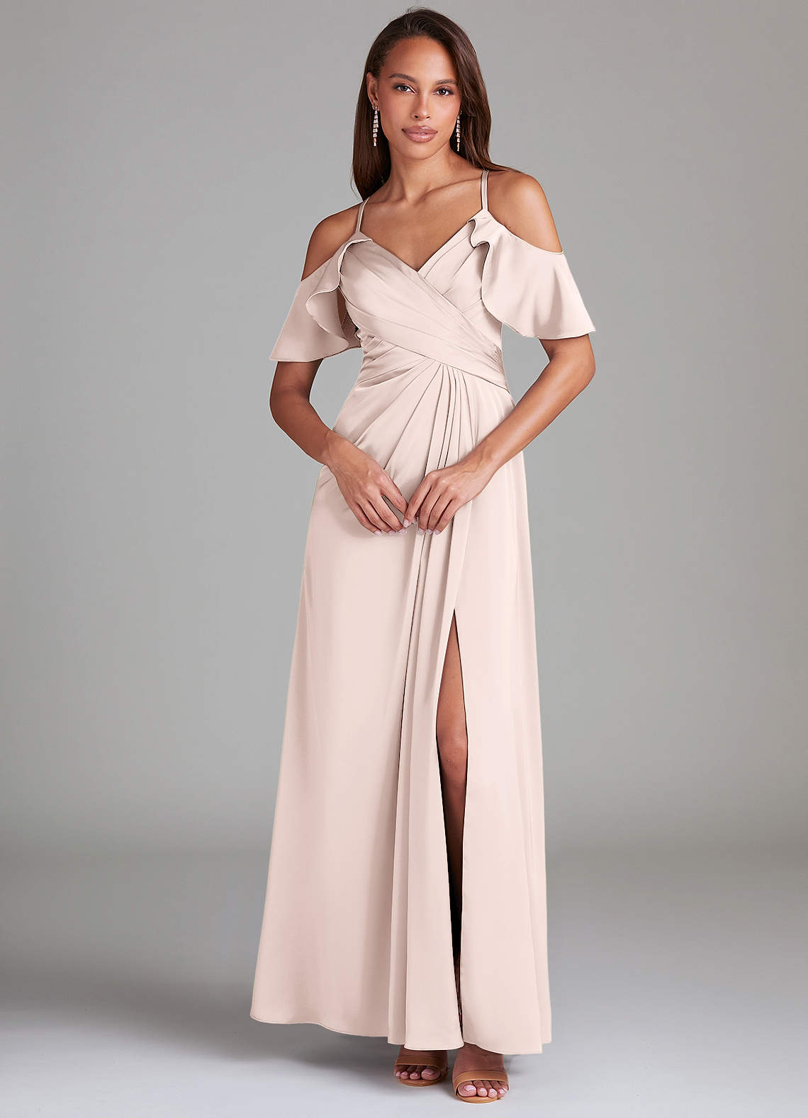 Dakota A-Line V-Neck Stretch Satin Bridesmaid Dress in Blushing Pink