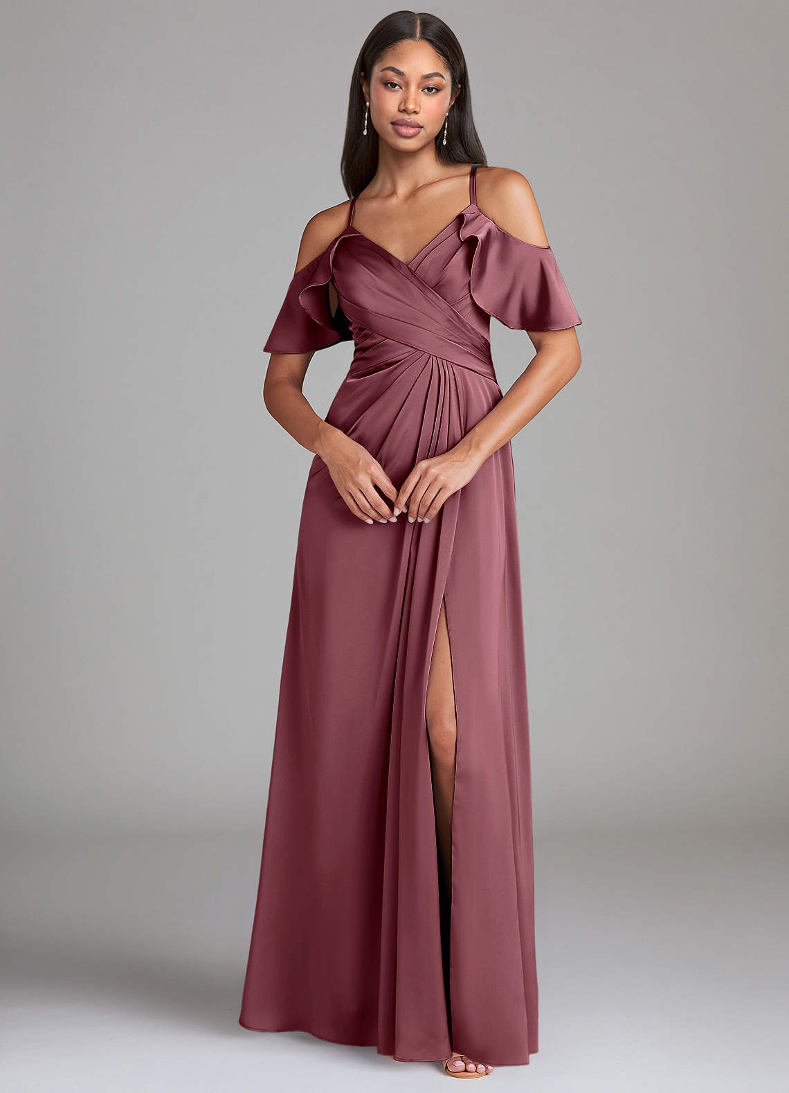 Dakota A-Line V-Neck Stretch Satin Bridesmaid Dress in Desert Rose