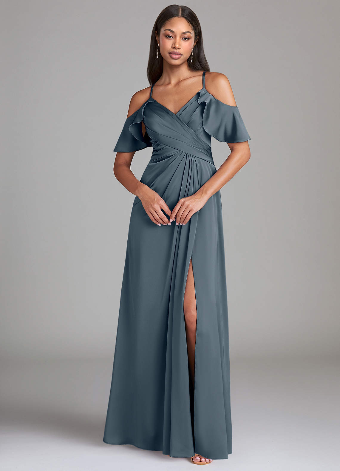 Dakota A-Line V-Neck Stretch Satin Bridesmaid Dress in Twilight
