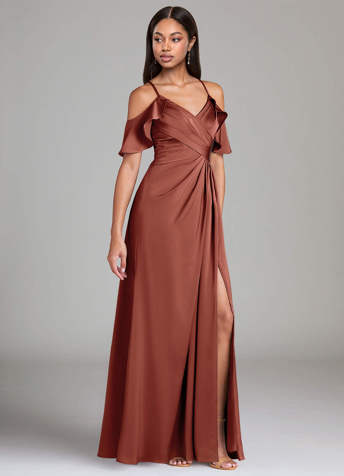 Dakota A-Line V-Neck Stretch Satin Bridesmaid Dress in Auburn