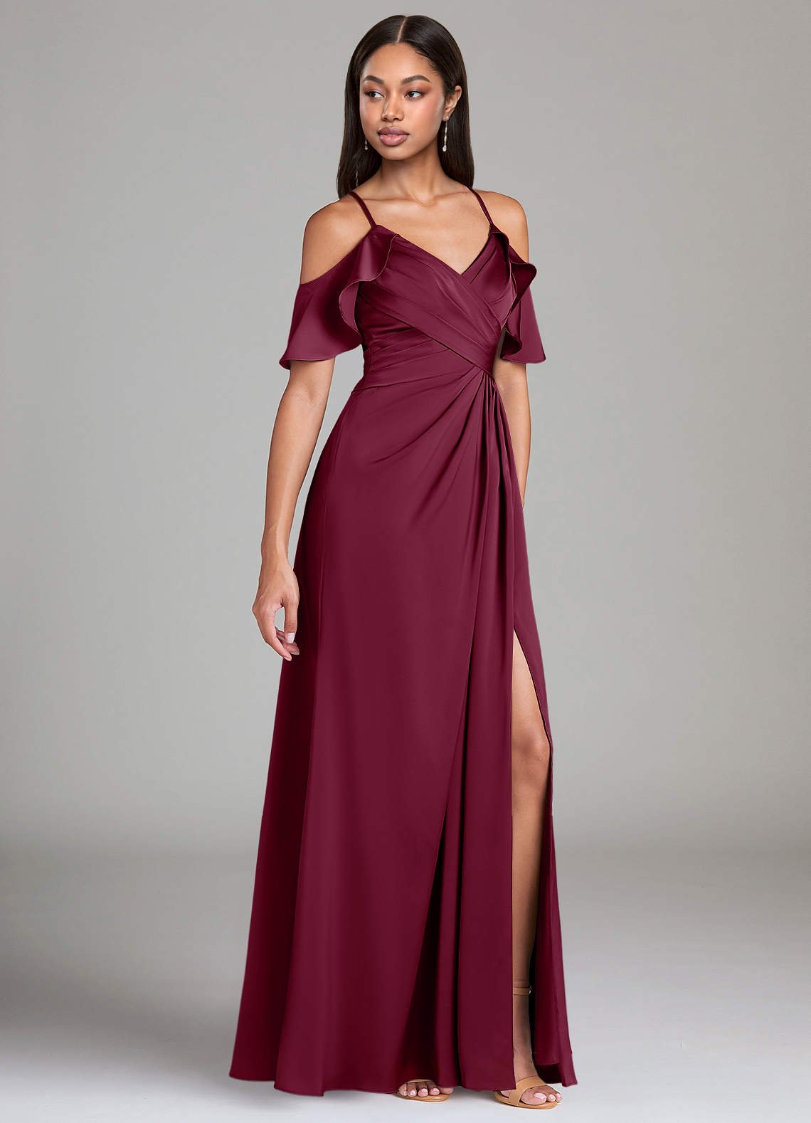 Dakota A-Line V-Neck Stretch Satin Bridesmaid Dress in Mulberry