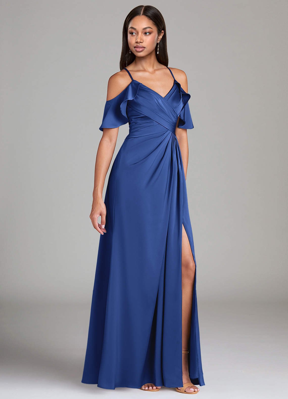 Dakota A-Line V-Neck Stretch Satin Bridesmaid Dress in Royal Blue