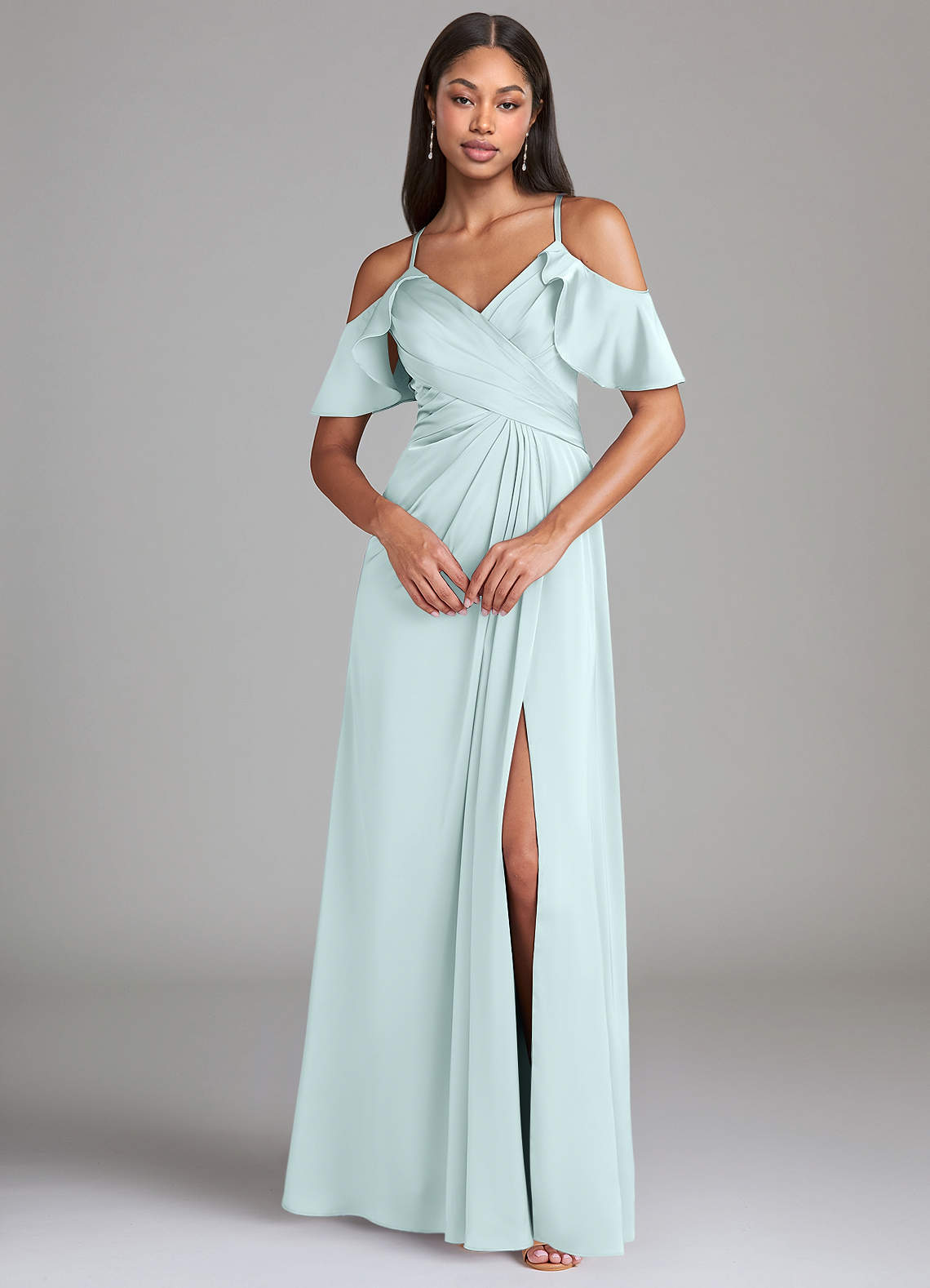 Dakota A-Line V-Neck Stretch Satin Bridesmaid Dress in Sea Glass