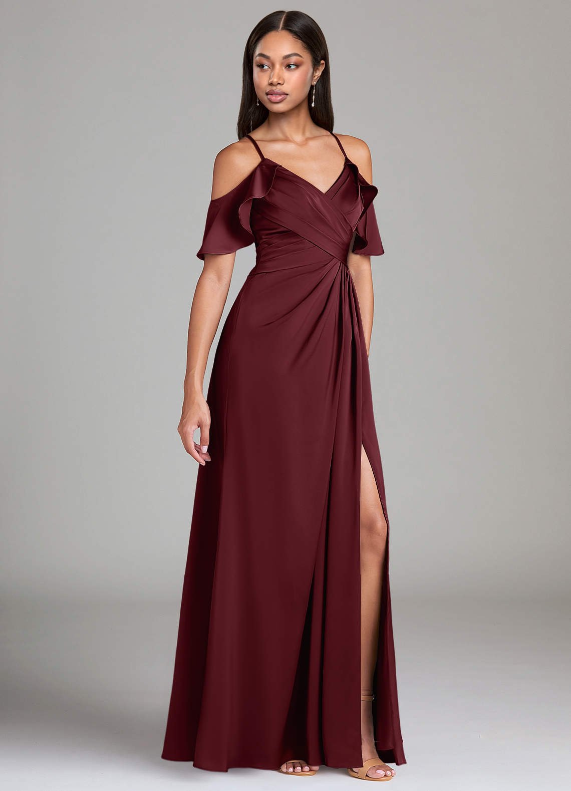 Dakota A-Line V-Neck Stretch Satin Bridesmaid Dress in Cabernet