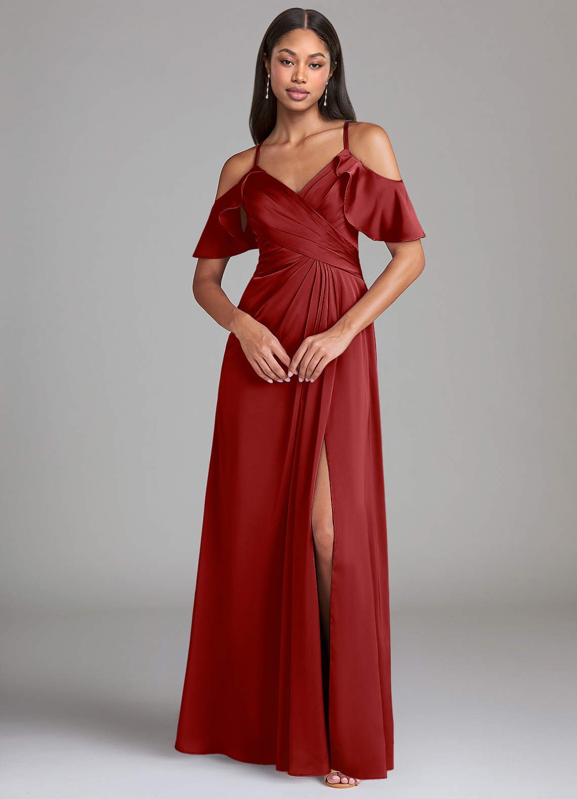 Dakota A-Line V-Neck Stretch Satin Bridesmaid Dress in Pomegranate