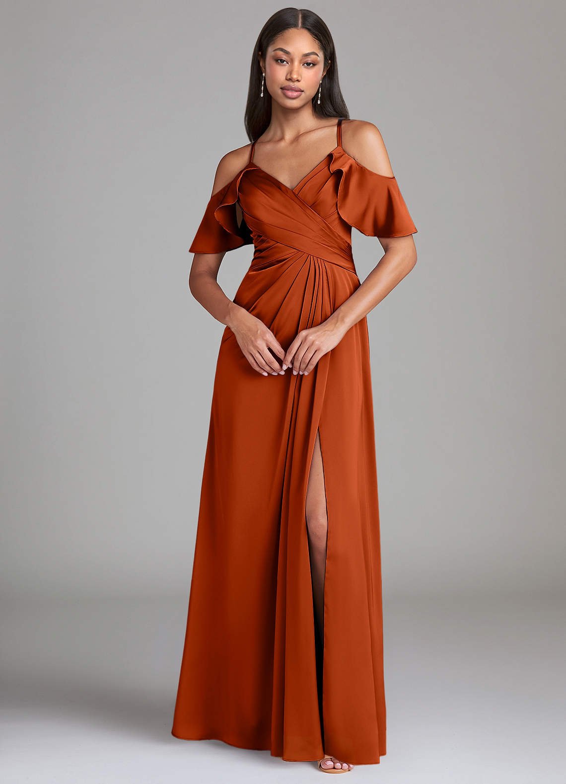 Dakota A-Line V-Neck Stretch Satin Bridesmaid Dress in Paprika