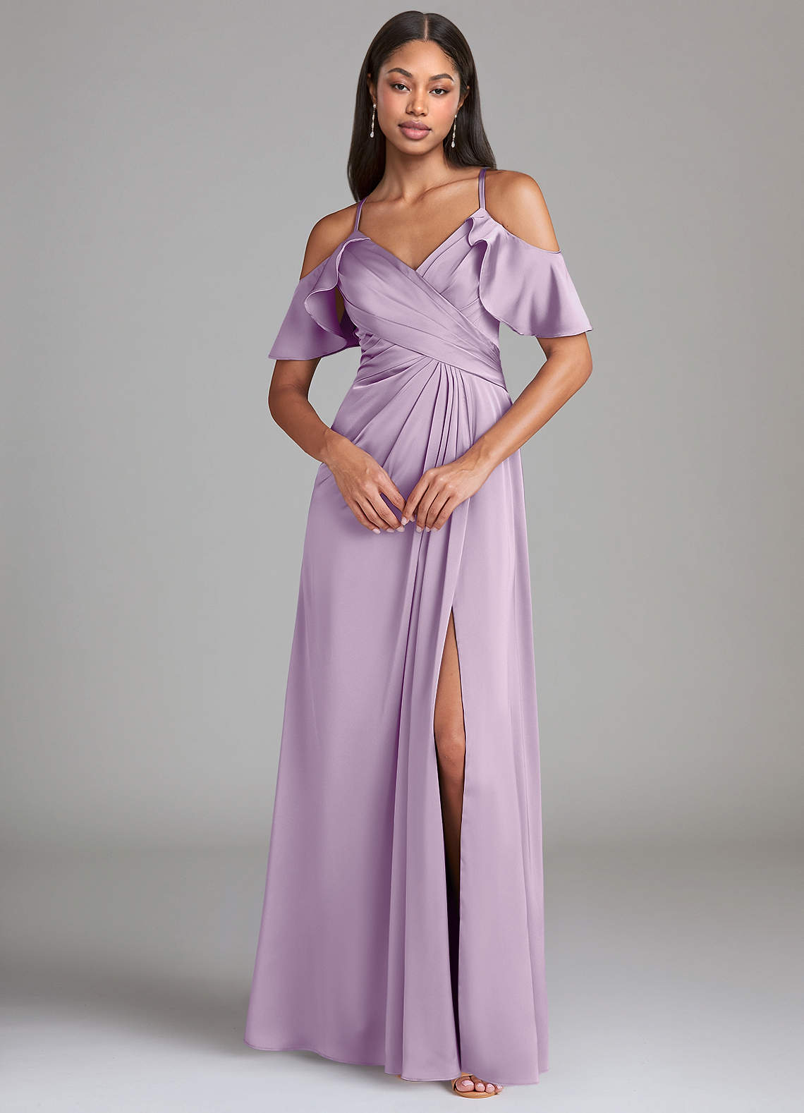Dakota A-Line V-Neck Stretch Satin Bridesmaid Dress in Frosted Lilac