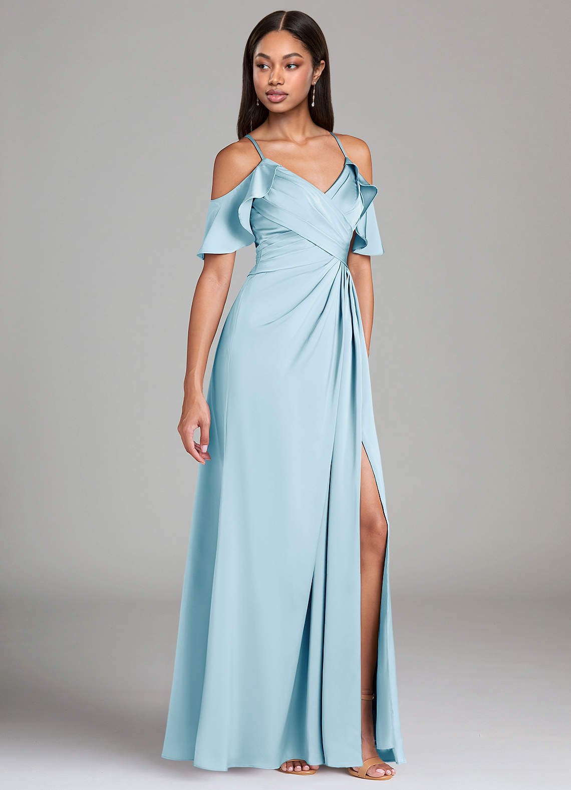 Dakota A-Line V-Neck Stretch Satin Bridesmaid Dress in Sky Blue