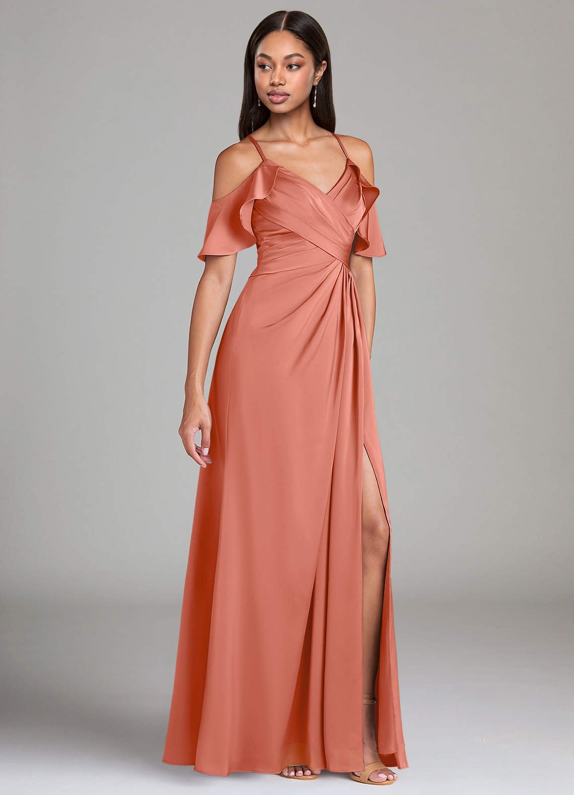 Dakota A-Line V-Neck Stretch Satin Bridesmaid Dress in Salmon Pink