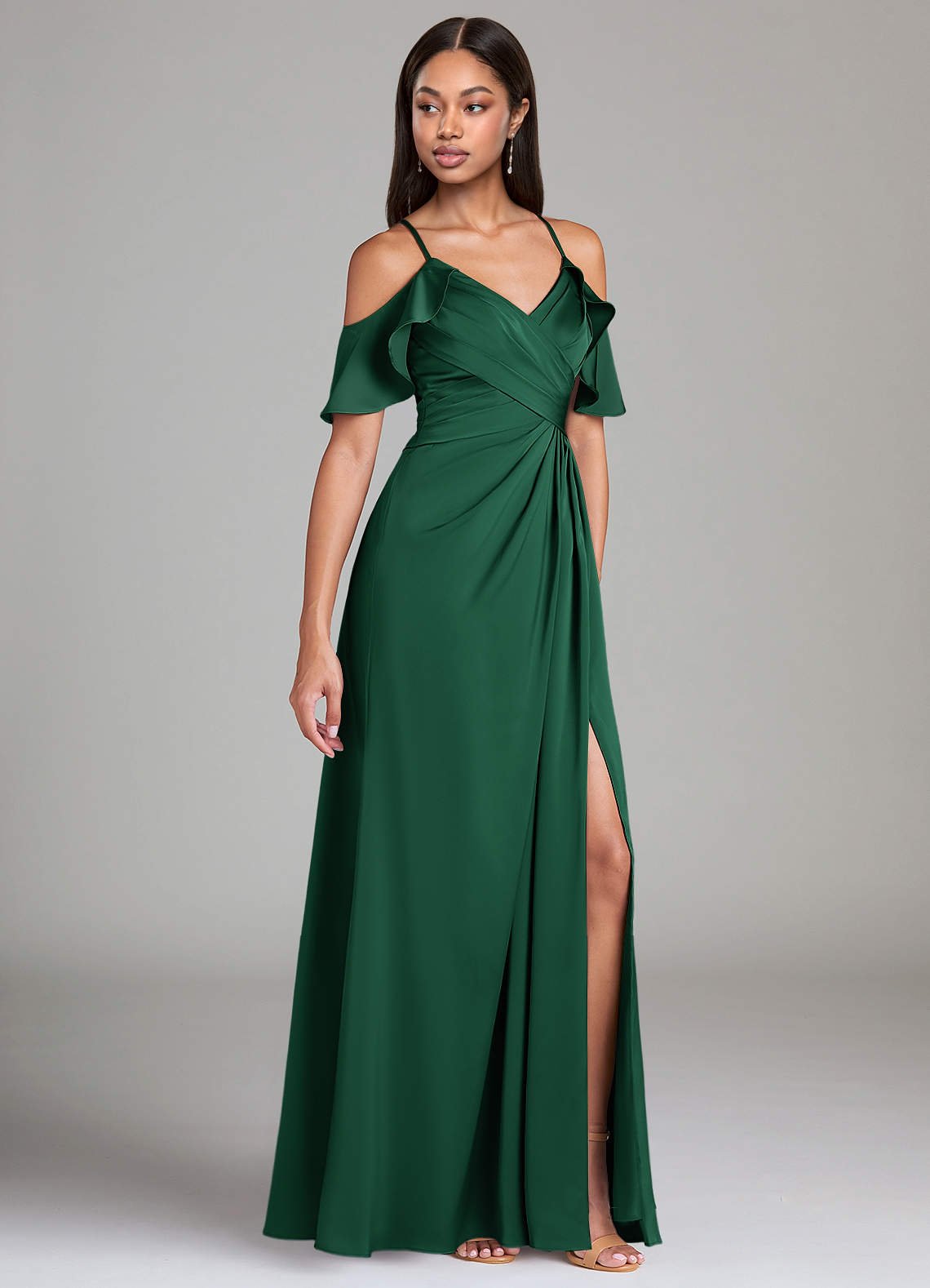 Dakota A-Line V-Neck Stretch Satin Bridesmaid Dress in Dark Green