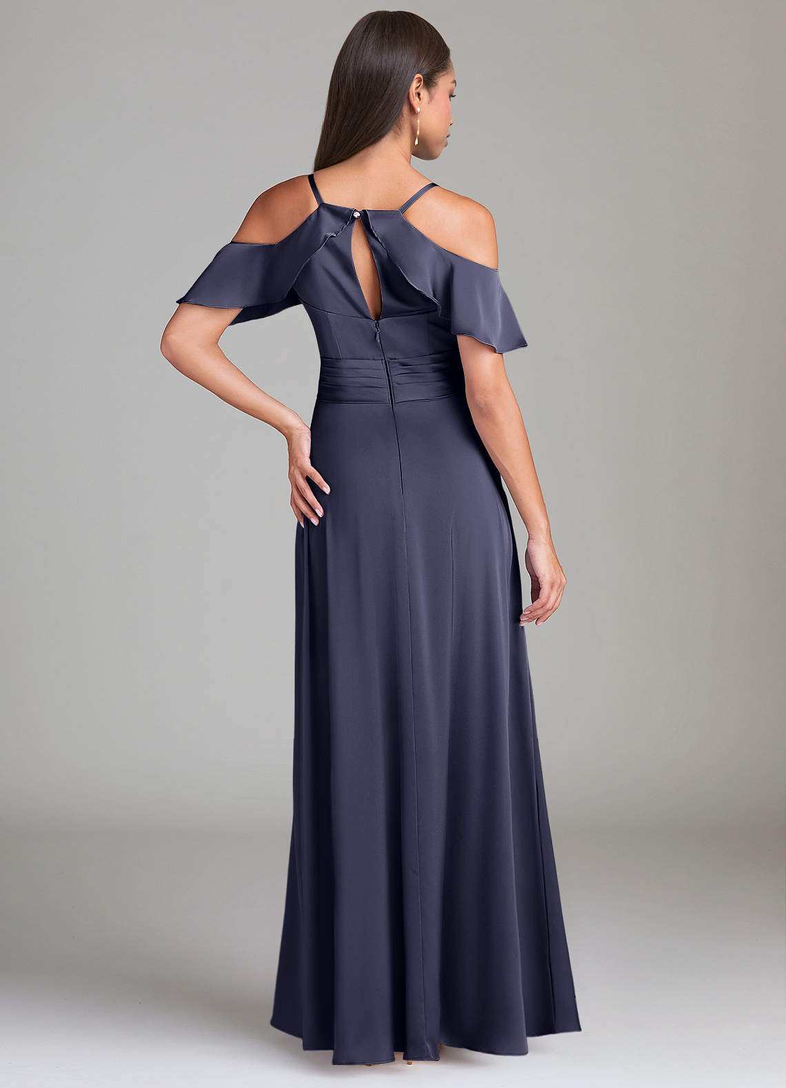 Dakota A-Line V-Neck Stretch Satin Bridesmaid Dress in Stormy