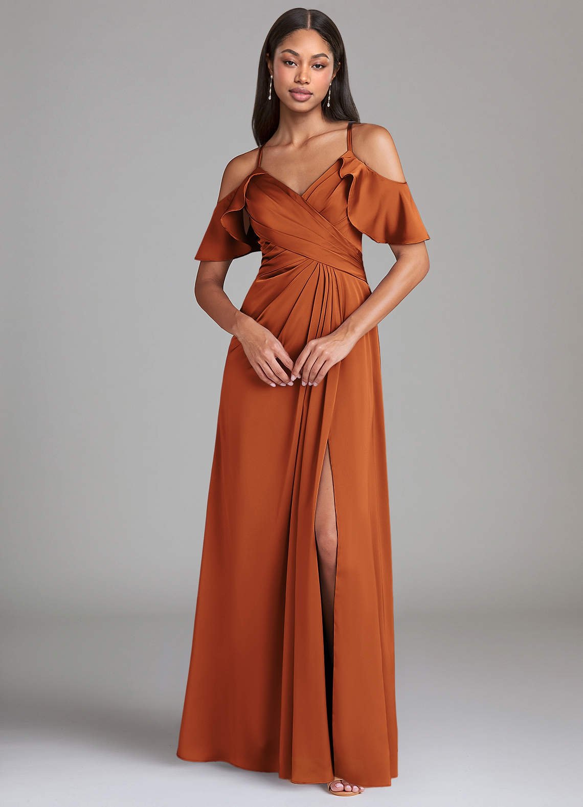Dakota A-Line V-Neck Stretch Satin Bridesmaid Dress in Cinnamon