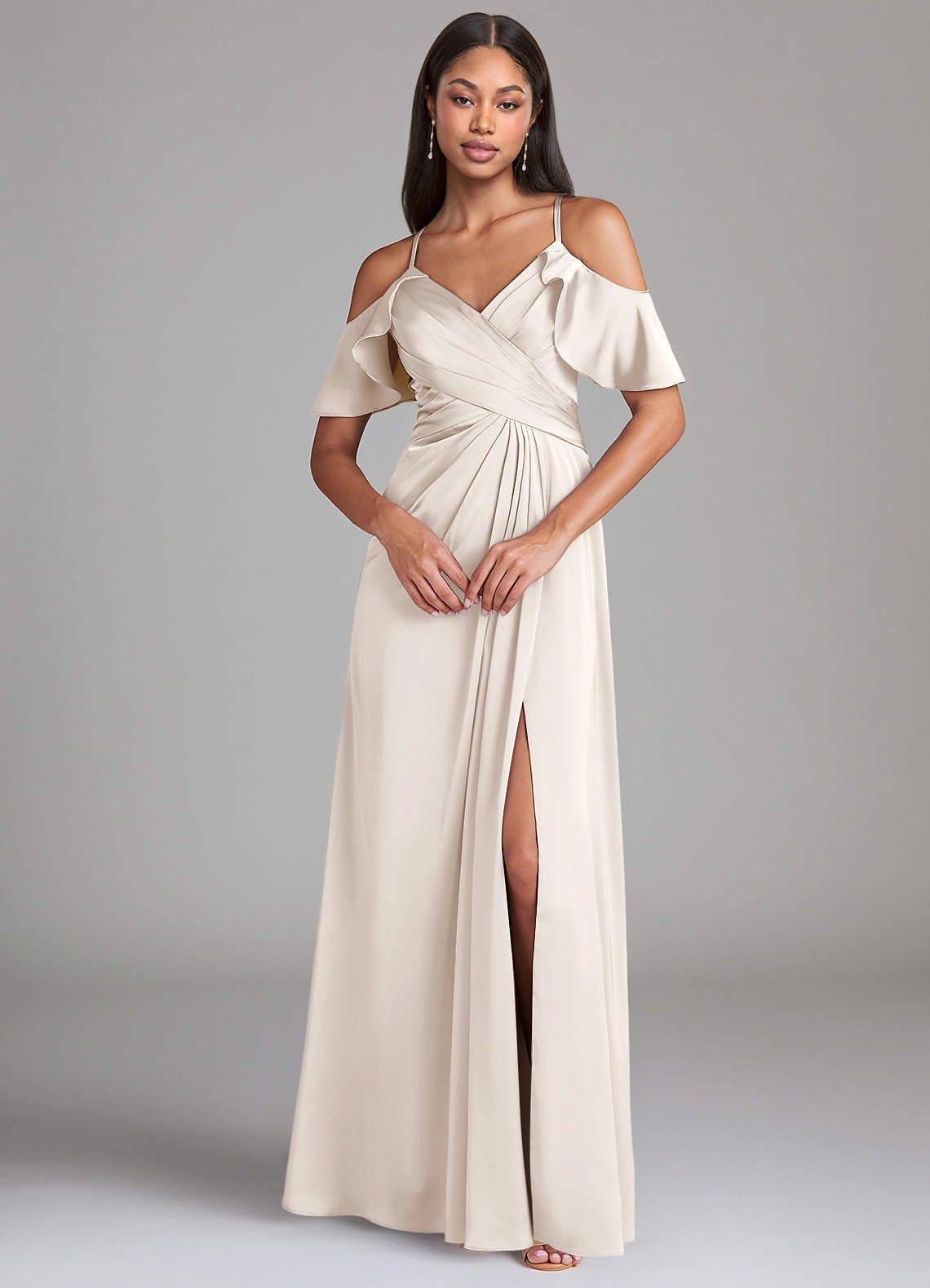 Dakota A-Line V-Neck Stretch Satin Bridesmaid Dress in White Alabaster